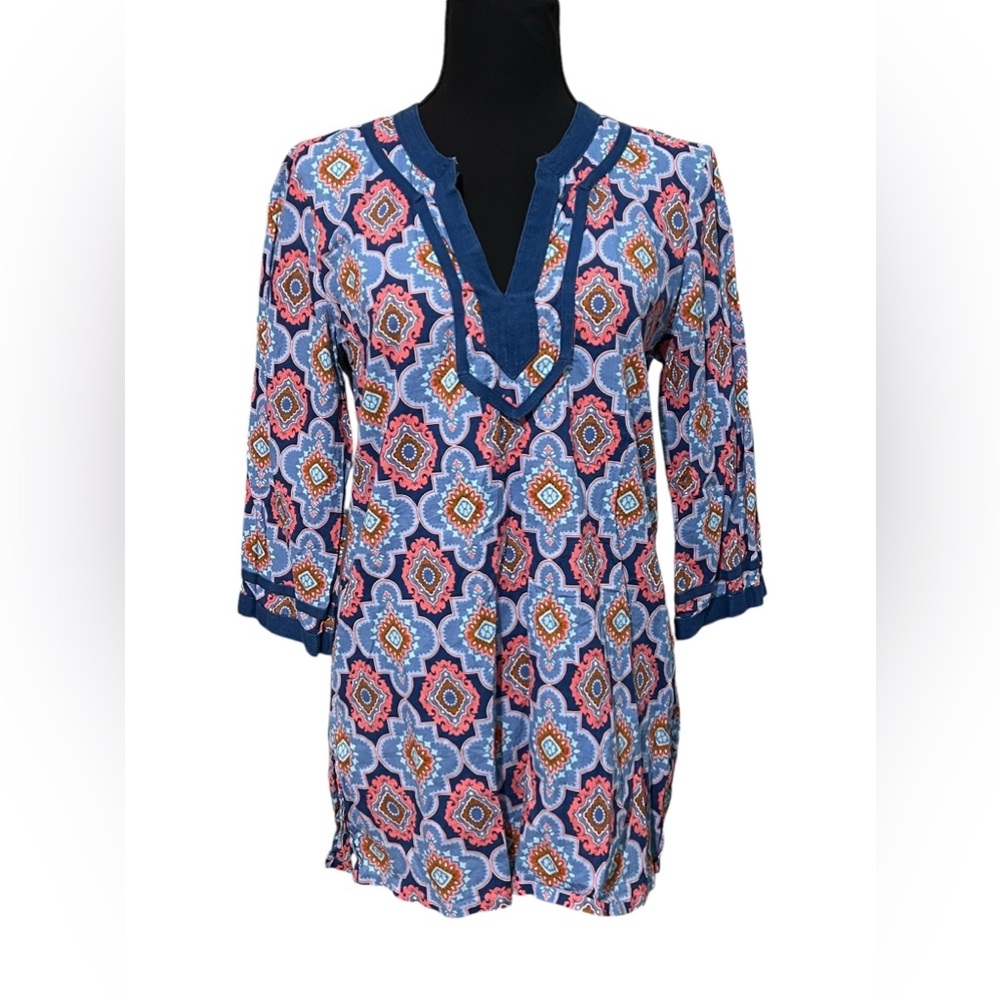 J Crew Printed Poplin Tunic Top V Neck 3/4 Sleeve cotton Size Small Blue Trim